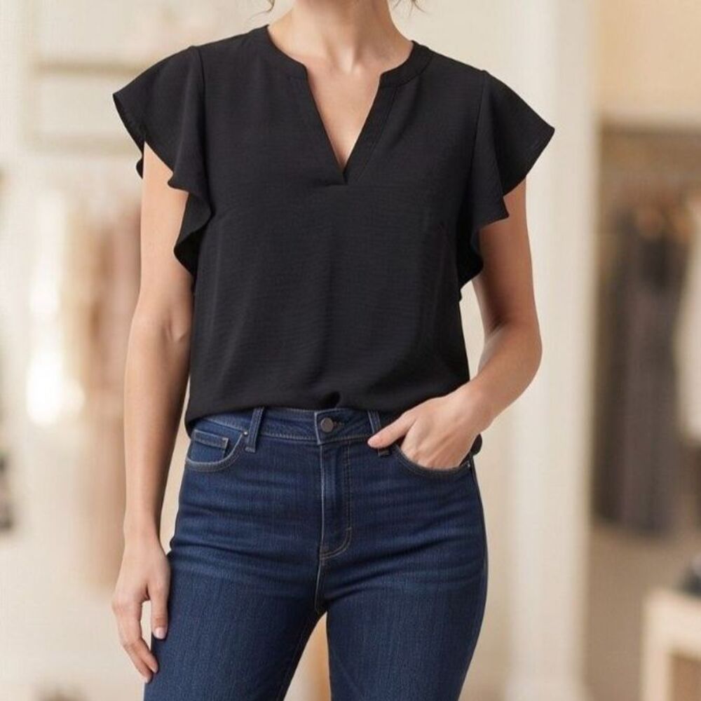Adrianna Papell Large Black Flutter Sleeve Split Neck Crepe Blouse Top Career L